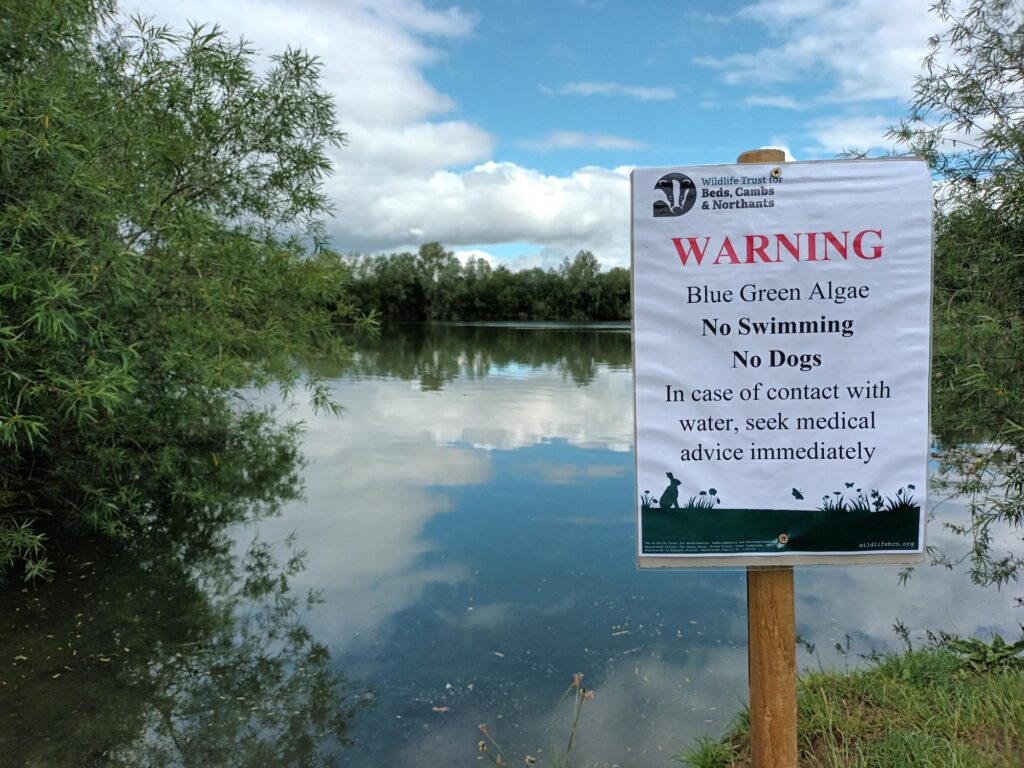 IMAGE: A blue green lake with a warning sign with the above information. 